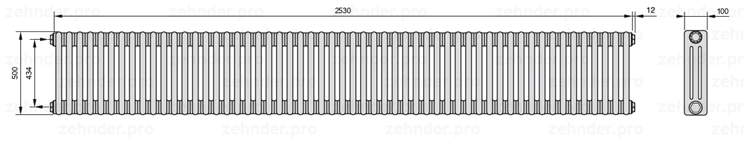 Схема (чертеж) Радиатор Zehnder Charleston 3050/55 №1270 Белый глянцевый RAL 9016